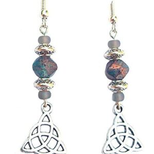 Shop Wyoming Beaded Celtic Knot Earrings Triquetra Gold Fleck Denim Blue Grey and Silver Handcrafted Dangles