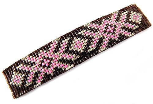 Shop Wyoming Abstract Floral Geometric Handmade Loom Beaded Large Barrette in Pink Silver and Brown with Authentic French Clip