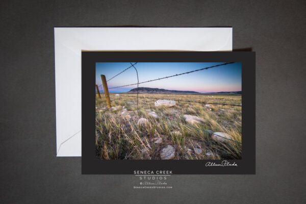 Shop Wyoming “Barbed Wire Fence Western Mountain Sunset in Wyoming” Photo Art Greeting Card