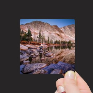 Shop Wyoming “Pre-Dawn Light on the Snowy Range Mountains reflected into Lake Marie, Wyoming” Mini Metal Print