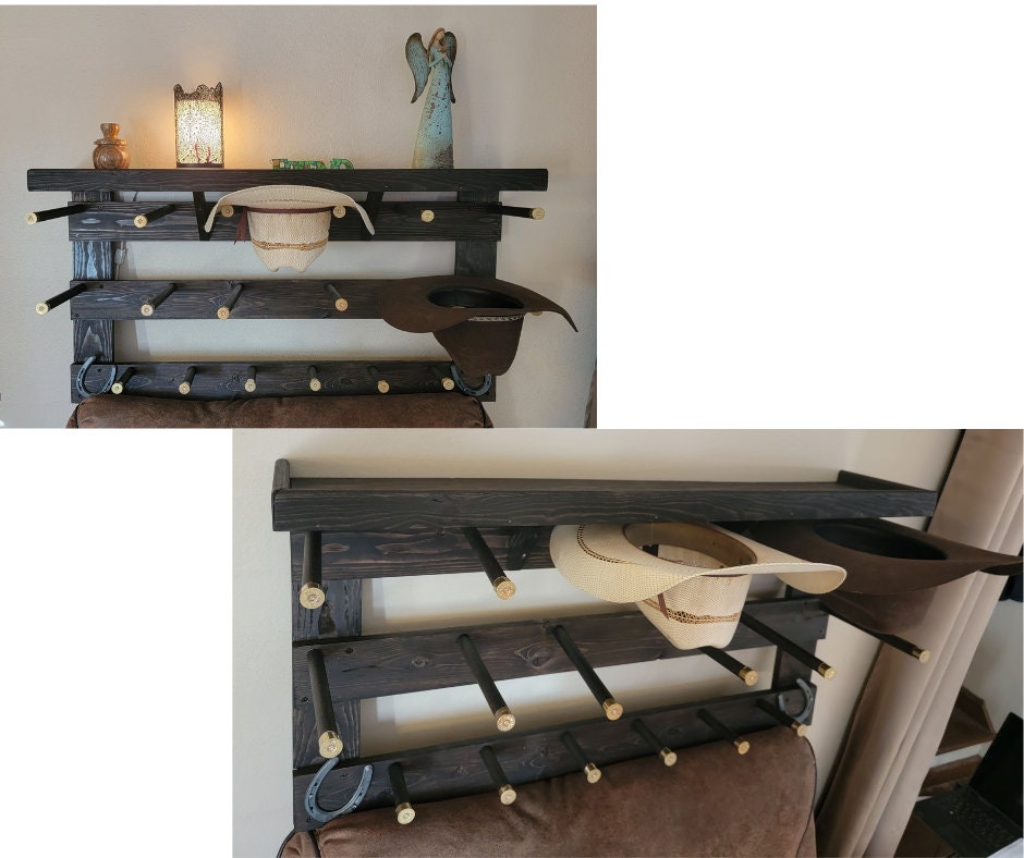 6HWS Cowboy Hat Rack 6 Hatter with Shelf Horizontal Functional Western Decor Shop Wyoming