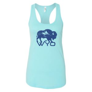 Shop Wyoming Women’s Summer Blues Bison Fly Racerback Tank Shop Wyoming Women’s Summer Blues Bison Fly Racerback Tank