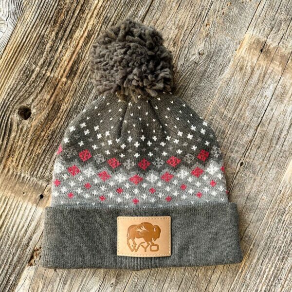 Shop Wyoming Wyo Fly Bison Pattern Pom Beanies