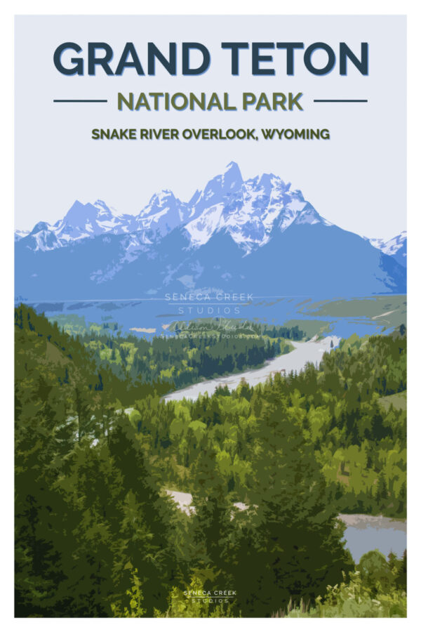 Shop Wyoming Grand Teton National Park, Snake River Overlook 12×18 High Quality Vintage Poster Art Print – Original Artwork by Seneca Creek Studios