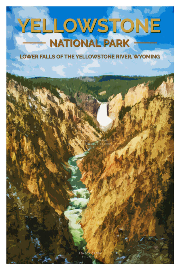 Shop Wyoming Yellowstone National Park, Lower Falls of the Yellowstone River 12×18 High Quality Vintage Poster Art Print – Original Artwork