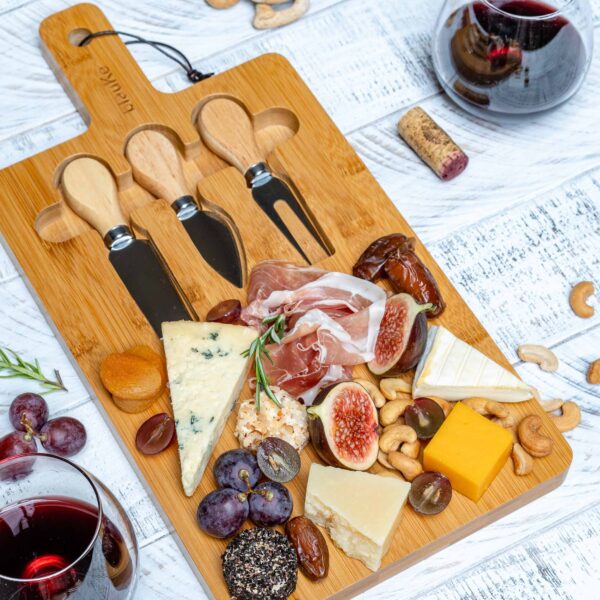 Shop Wyoming Bamboo Cheese Board and Knife Set – 12×8 inch Charcuterie Board with Magnetic Cutlery Storage – Wood Serving Tray with Handle