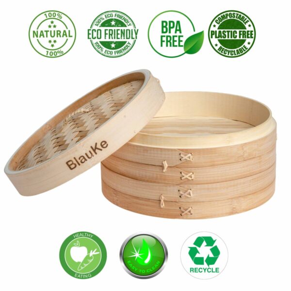Shop Wyoming 2-Tier Bamboo Steamer for Cooking Dumplings, Vegetables, Meat, Fish, Rice – Bamboo Steamer Basket 10 Inch with 2 Pairs Chopsticks, Tongs and 50 Paper Liners