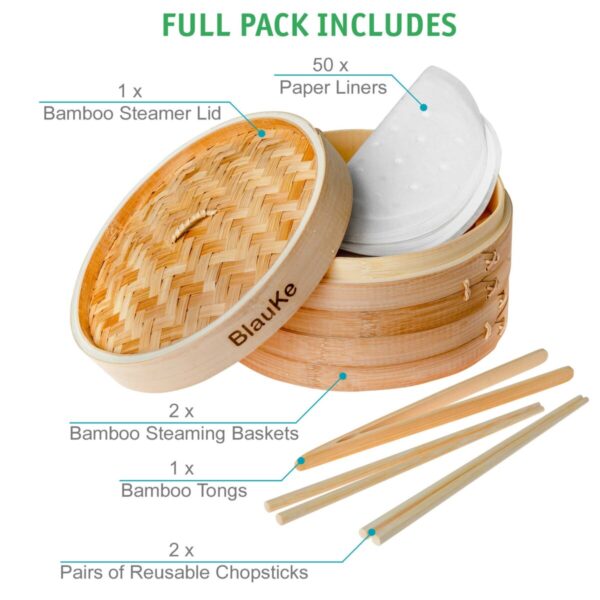 Shop Wyoming 2-Tier Bamboo Steamer for Cooking Dumplings, Vegetables, Meat, Fish, Rice – Bamboo Steamer Basket 10 Inch with 2 Pairs Chopsticks, Tongs and 50 Paper Liners