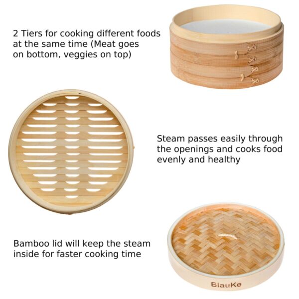 Shop Wyoming 2-Tier Bamboo Steamer for Cooking Dumplings, Vegetables, Meat, Fish, Rice – Bamboo Steamer Basket 10 Inch with 2 Pairs Chopsticks, Tongs and 50 Paper Liners