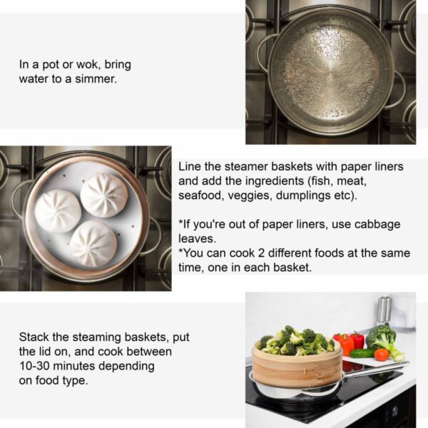 Shop Wyoming 2-Tier Bamboo Steamer for Cooking Dumplings, Vegetables, Meat, Fish, Rice – Bamboo Steamer Basket 10 Inch with 2 Pairs Chopsticks, Tongs and 50 Paper Liners