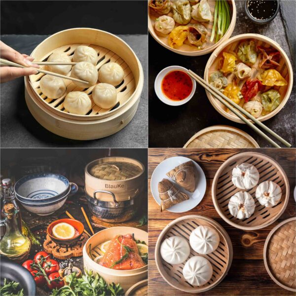 Shop Wyoming 2-Tier Bamboo Steamer for Cooking Dumplings, Vegetables, Meat, Fish, Rice – Bamboo Steamer Basket 10 Inch with 2 Pairs Chopsticks, Tongs and 50 Paper Liners