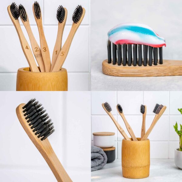 Shop Wyoming Bamboo Toothbrush Set 5-Pack – Bamboo Toothbrushes with Medium Bristles for Adults – Eco-Friendly, Biodegradable, Natural Wooden Toothbrushes with Black Charcoal Bristles