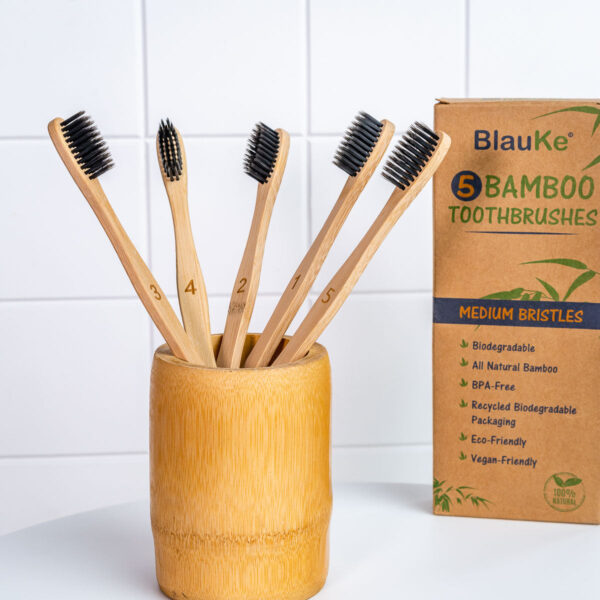 Shop Wyoming Bamboo Toothbrush Set 5-Pack – Bamboo Toothbrushes with Medium Bristles for Adults – Eco-Friendly, Biodegradable, Natural Wooden Toothbrushes with Black Charcoal Bristles