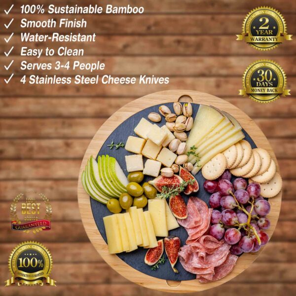 Shop Wyoming Round Bamboo Cheese Board with Knife Set and Removable Slate – 12 inch Swiveling Charcuterie Board