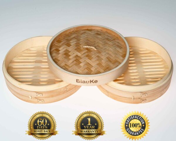 Shop Wyoming 2-Tier Bamboo Steamer for Cooking Dumplings, Vegetables, Meat, Fish, Rice – Bamboo Steamer Basket 10 Inch with 2 Pairs Chopsticks, Tongs and 50 Paper Liners
