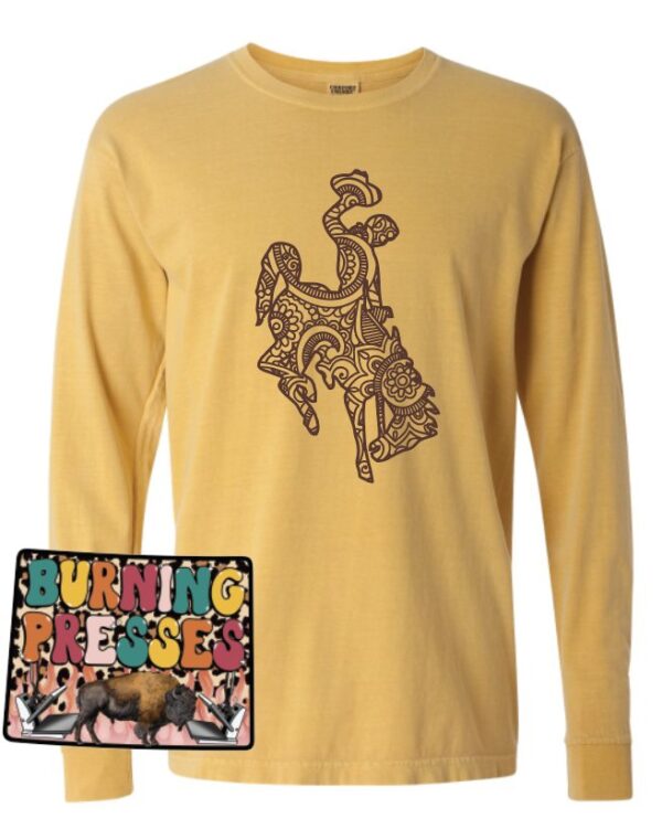 Shop Wyoming Wyoming Bucking horse on gold long sleeves or crewneck