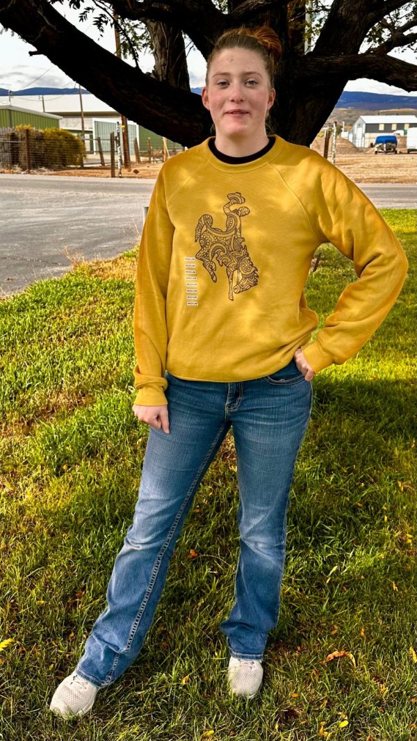 Shop Wyoming Wyoming Bucking horse on gold long sleeves or crewneck