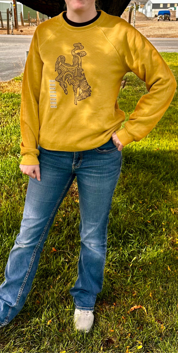 Shop Wyoming Wyoming Bucking horse on gold long sleeves or crewneck