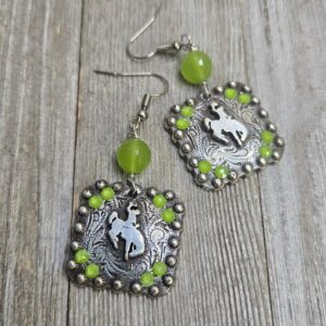 Shop Wyoming Bucking Horse & Rider®️ “Steamboat” Silver earrings ~ Kiwi Green