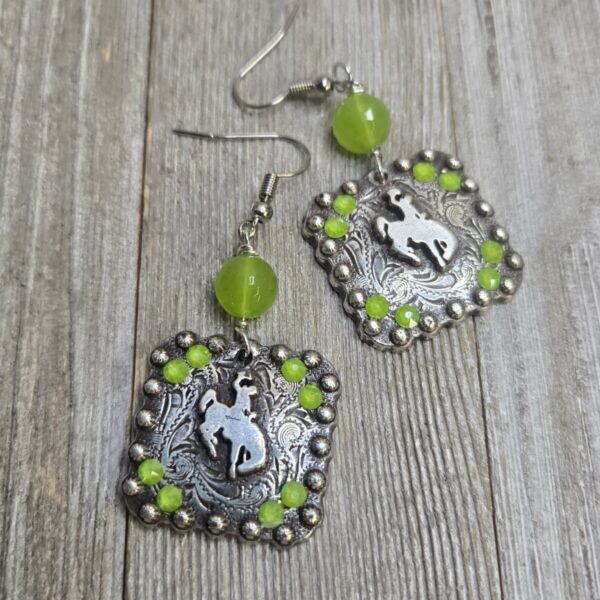Shop Wyoming Bucking Horse & Rider®️ “Steamboat” Silver earrings ~ Kiwi Green