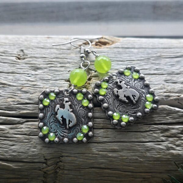 Shop Wyoming Bucking Horse & Rider®️ “Steamboat” Silver earrings ~ Kiwi Green