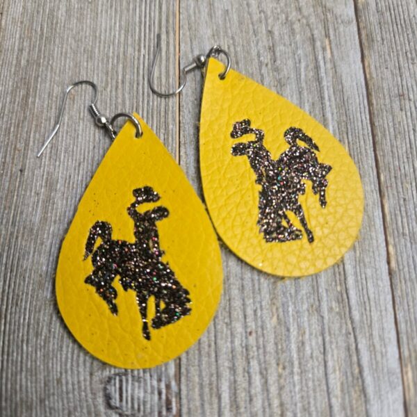 Shop Wyoming Bucking Horse & Rider®️ Leather Earrings Mustard/Brown Glitter