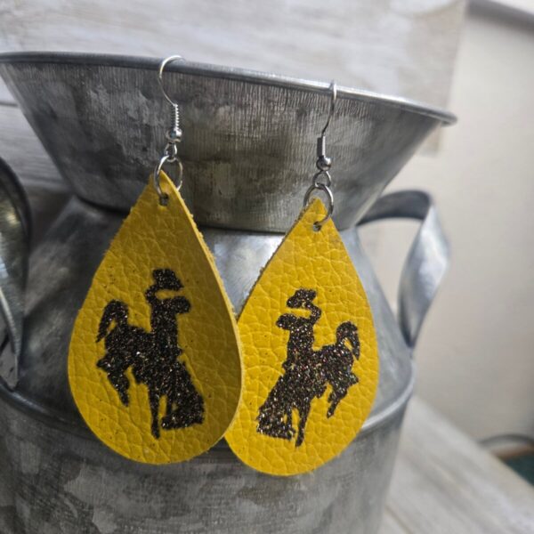 Shop Wyoming Bucking Horse & Rider®️ Leather Earrings Mustard/Brown Glitter