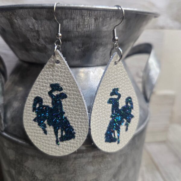 Shop Wyoming Bucking Horse & Rider®️ Leather Earrings~ Natural & Peacock Glitter