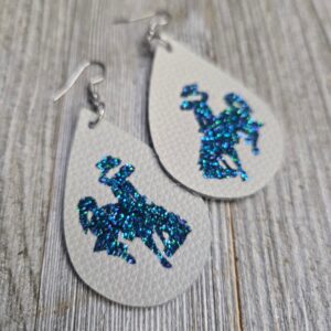 Shop Wyoming Bucking Horse & Rider®️ Leather Earrings~ Natural & Peacock Glitter