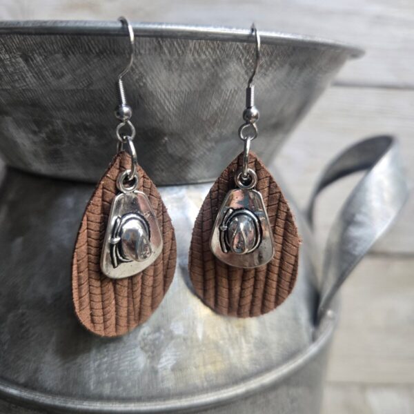 Shop Wyoming Itty Bitty Cowgirl Hat Leather earrings~ Brown