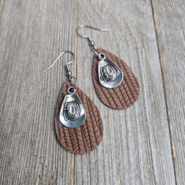 Shop Wyoming Itty Bitty Cowgirl Hat Leather earrings~ Brown
