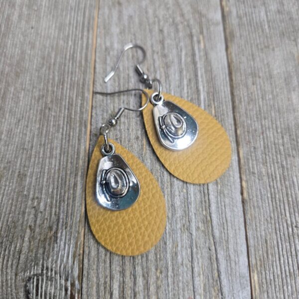 Shop Wyoming Itty Bitty Cowgirl Hat Leather earrings~ Mustard Wyo