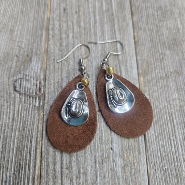 Shop Wyoming Itty Bitty Cowgirl Hat Leather earrings~ Wyo Brown Suede