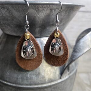 Shop Wyoming Itty Bitty Cowgirl Hat Leather earrings~ Wyo Brown Suede