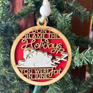 Shop Wyoming Funny Holiday Ornament – “Don’t Blame the Holidays, You Were Fat in June” – 3.25″ Round Layered Wood Christmas Tree Decor
