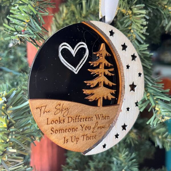 Shop Wyoming Memorial Ornament – “The Sky Looks Different” – 3.25″ Layered Wood Remembrance Christmas Tree Decoration with Moon & Stars
