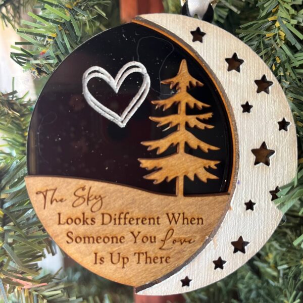 Shop Wyoming Memorial Ornament – “The Sky Looks Different” – 3.25″ Layered Wood Remembrance Christmas Tree Decoration with Moon & Stars