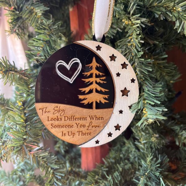 Shop Wyoming Memorial Ornament – “The Sky Looks Different” – 3.25″ Layered Wood Remembrance Christmas Tree Decoration with Moon & Stars