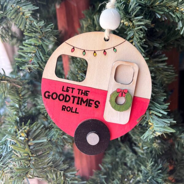 Shop Wyoming “Let the Good Times Roll” Camper Ornament – 3.25″ Round Layered Wood Christmas Tree Decor – Camping Holiday Ornament
