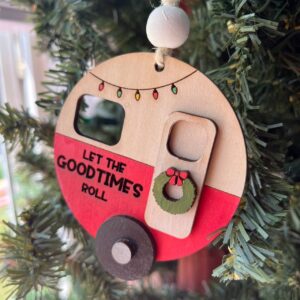 Shop Wyoming “Let the Good Times Roll” Camper Ornament – 3.25″ Round Layered Wood Christmas Tree Decor – Camping Holiday Ornament