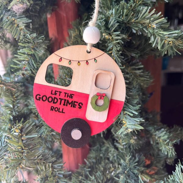 Shop Wyoming “Let the Good Times Roll” Camper Ornament – 3.25″ Round Layered Wood Christmas Tree Decor – Camping Holiday Ornament
