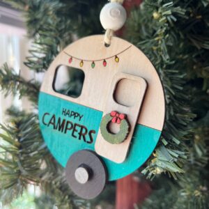 Shop Wyoming “Happy Campers” Ornament – 3.25″ Round Layered Wood Camper Christmas Tree Decor – Holiday Camping Ornament