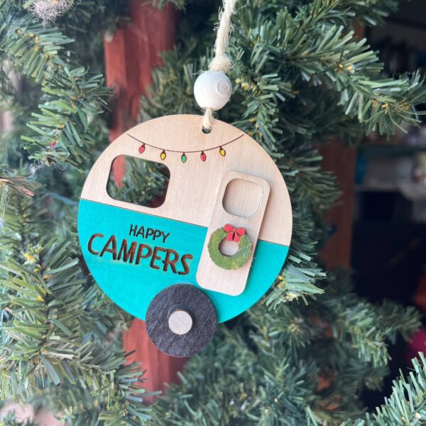 Shop Wyoming “Happy Campers” Ornament – 3.25″ Round Layered Wood Camper Christmas Tree Decor – Holiday Camping Ornament