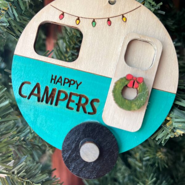 Shop Wyoming “Happy Campers” Ornament – 3.25″ Round Layered Wood Camper Christmas Tree Decor – Holiday Camping Ornament