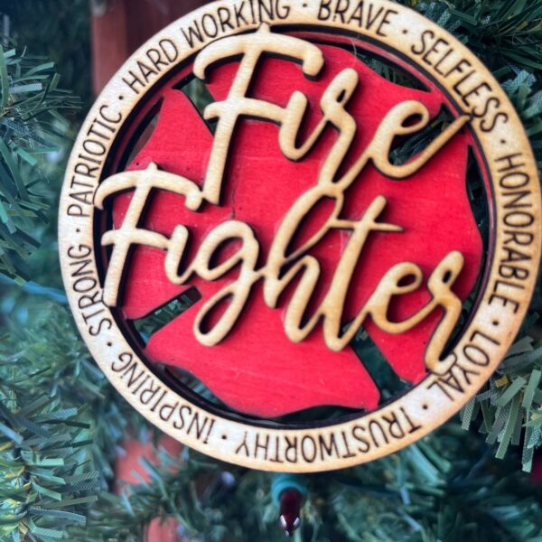 Shop Wyoming Firefighter Ornament – 3.25″ Round Layered Wood Christmas Ornament – Hero Tribute with Maltese Cross & Fire Fighter Script
