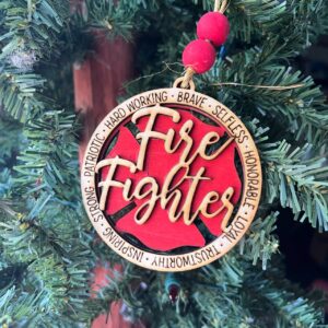 Shop Wyoming Firefighter Ornament – 3.25″ Round Layered Wood Christmas Ornament – Hero Tribute with Maltese Cross & Fire Fighter Script