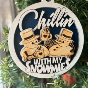 Shop Wyoming Chillin’ With My Snowmies Ornament – Funny Snowman Christmas Ornament – 2 Layer Wood – 3.25” Round