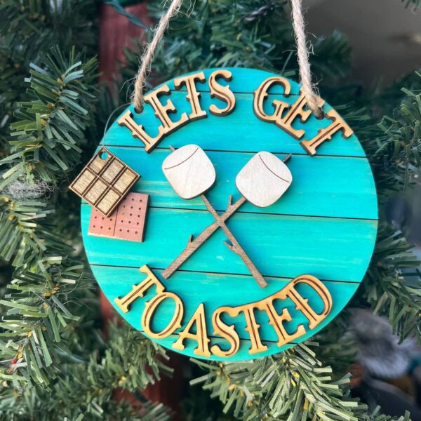 Shop Wyoming Funny Camping Ornament – “Let’s Get Toasted” S’mores Marshmallow Design – Rustic Campfire Christmas Decor – 3.25″ Round