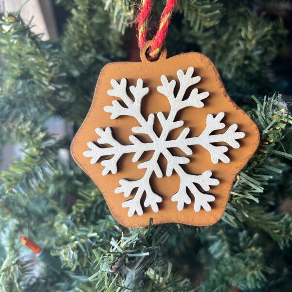 Shop Wyoming Rustic Snowflake Ornament – White Winter Snowflake on Caramel Wood – Farmhouse Christmas Tree Decoration – 3.25″ Wooden Holiday Ornament
