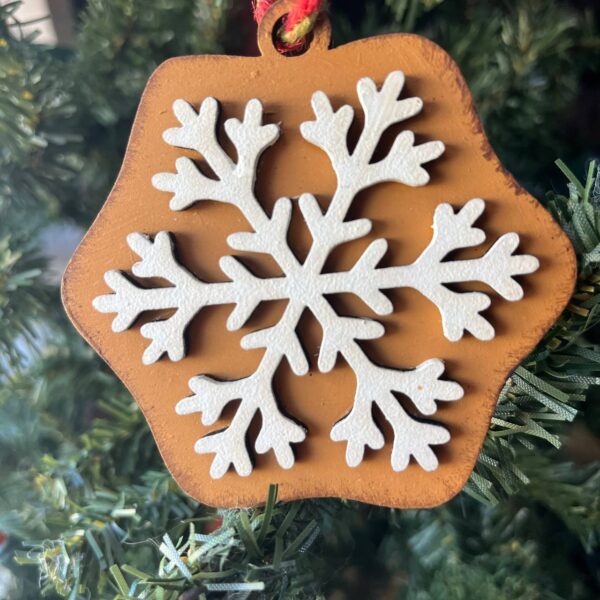 Shop Wyoming Rustic Snowflake Ornament – White Winter Snowflake on Caramel Wood – Farmhouse Christmas Tree Decoration – 3.25″ Wooden Holiday Ornament